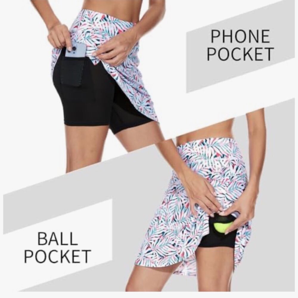 🌺 Moteepi Pink Tropical Leaf Print Skort High Waist Athletic L 🌺